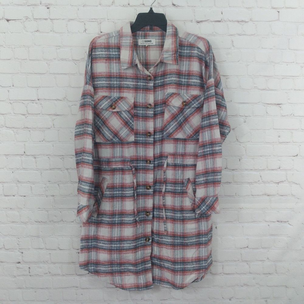 CI Sono Plaid Collection Dress Women Medium Red Blue Long Seeve Drawstring Dress
